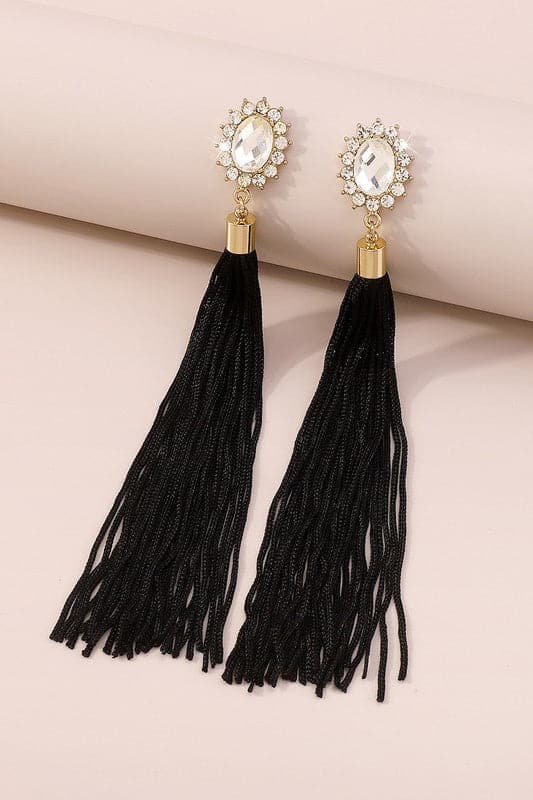 AVAH-Long Tassel Dangle Earrings With Crystal Stud - Black