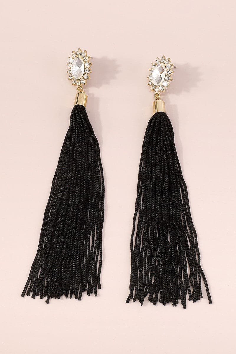 AVAH-Long Tassel Dangle Earrings With Crystal Stud - Black