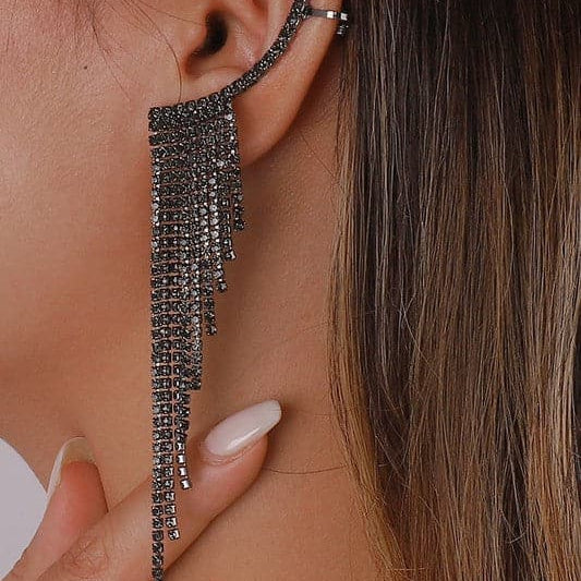 Rhinestone Long Tassel Drop Earrings-Black-AVAH