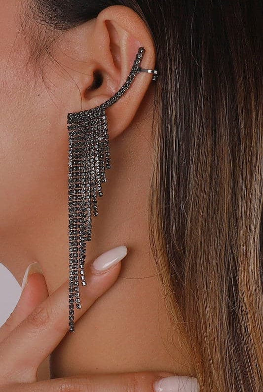 Rhinestone Long Tassel Drop Earrings-Black-AVAH