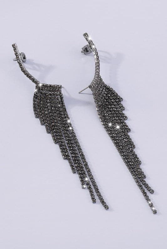 Rhinestone Long Tassel Drop Earrings-Black-AVAH