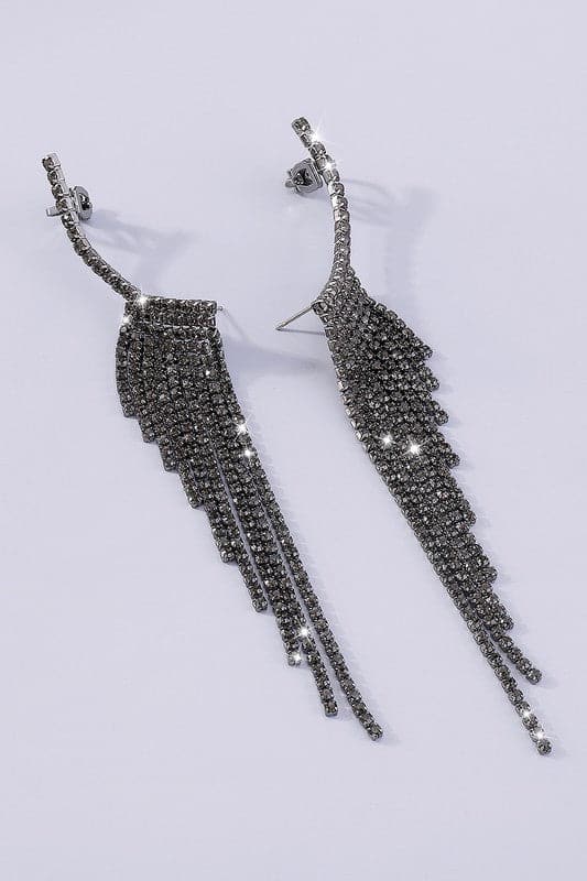 Rhinestone Long Tassel Drop Earrings-Black-AVAH
