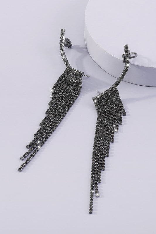 Rhinestone Long Tassel Drop Earrings-Black-AVAH