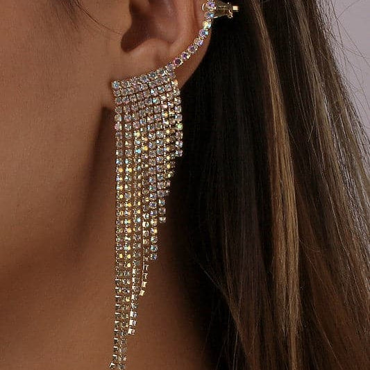 Rhinestone Long Tassel Drop Earrings-Gold-AVAH