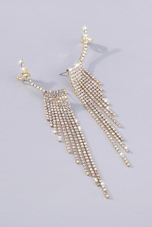 Rhinestone Long Tassel Drop Earrings-Gold-AVAH