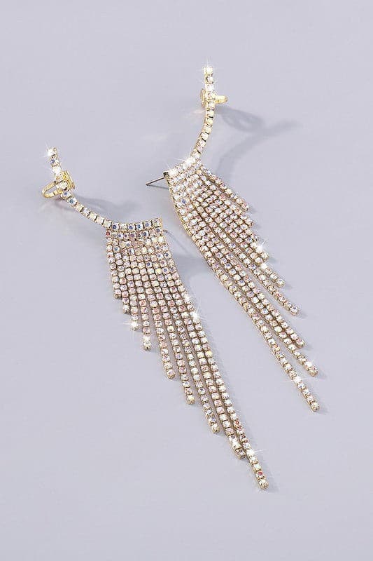 Rhinestone Long Tassel Drop Earrings-Gold-AVAH