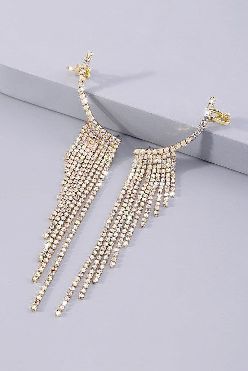 Rhinestone Long Tassel Drop Earrings-Gold-AVAH