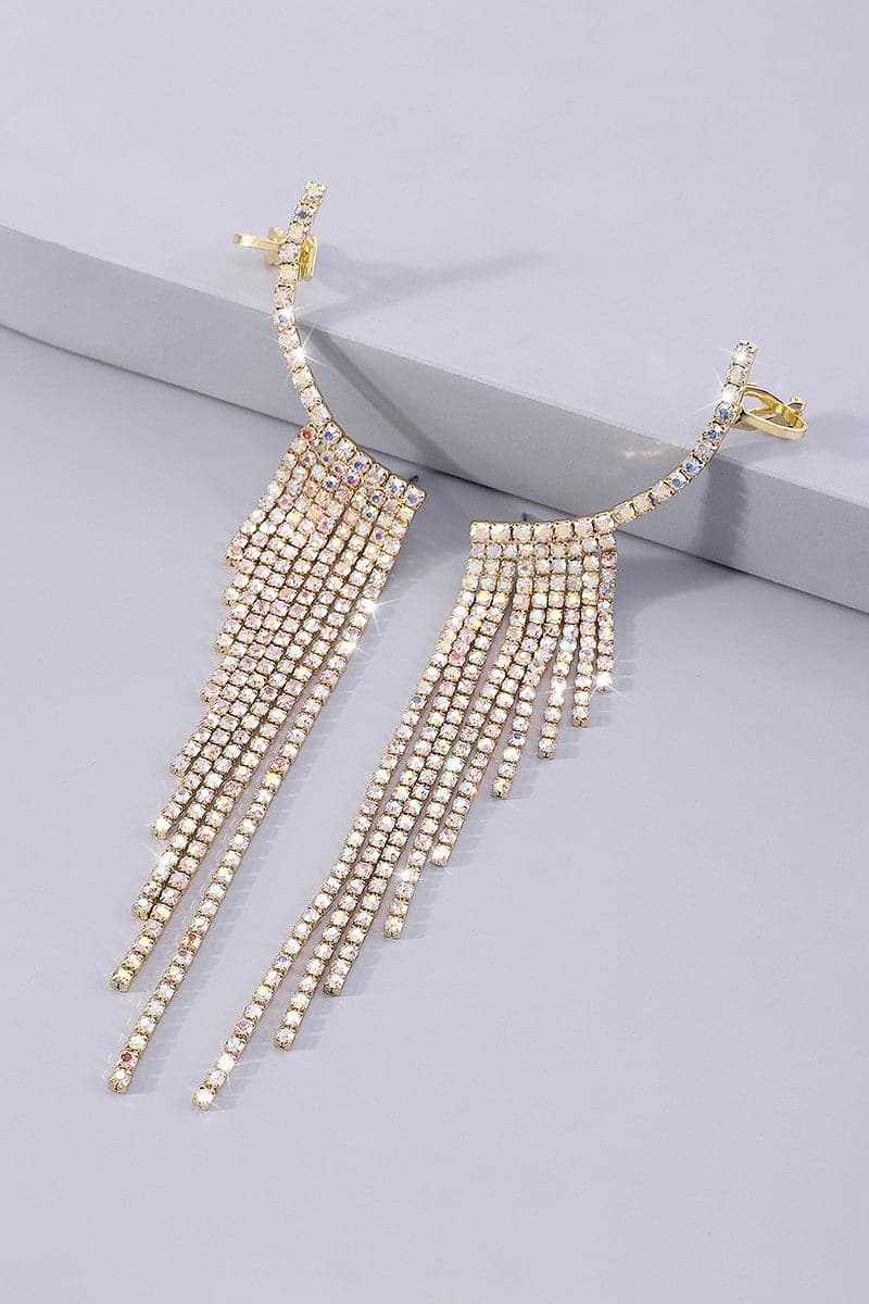 Rhinestone Long Tassel Drop Earrings-Gold-AVAH