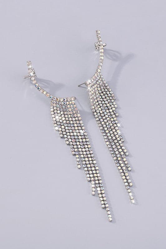 Rhinestone Long Tassel Drop Earrings-Silver-AVAH