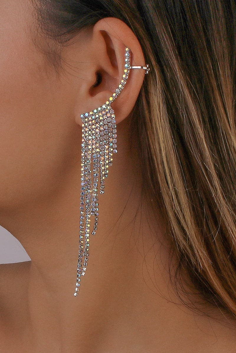Rhinestone Long Tassel Drop Earrings-Silver-AVAH