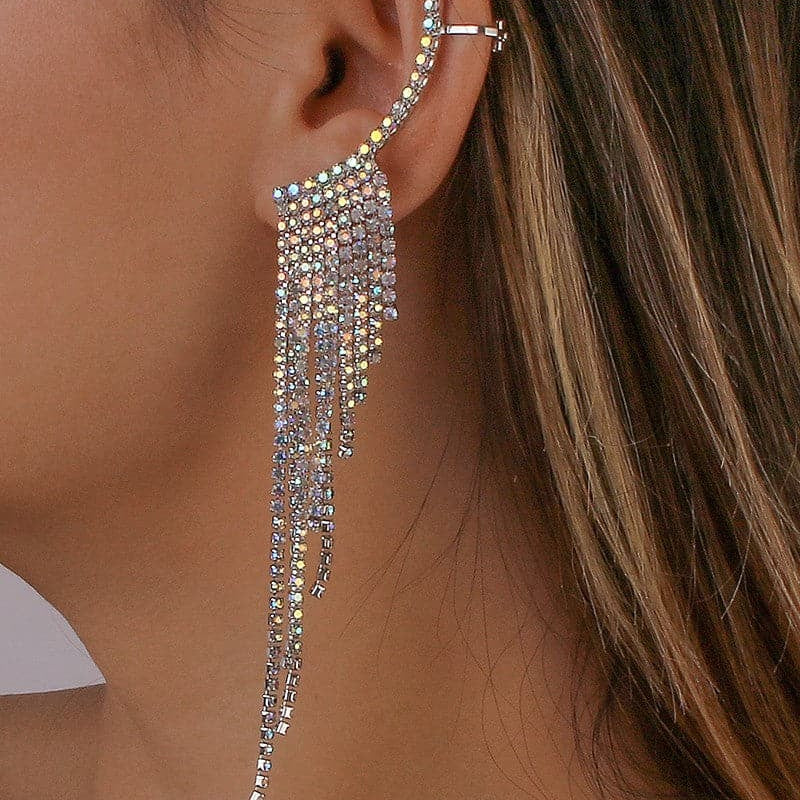 Rhinestone Long Tassel Drop Earrings-Silver-AVAH
