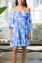 Beautiful Skies Off-the-Shoulder Blue Floral Dress-AVAH