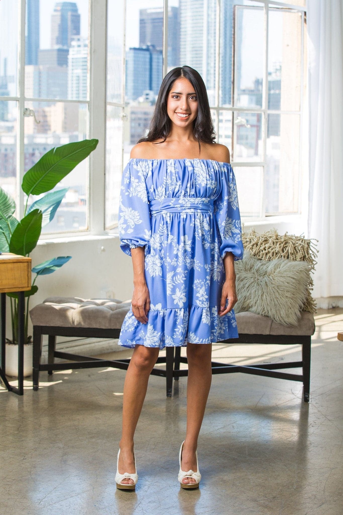 Beautiful Skies Off-the-Shoulder Blue Floral Dress-AVAH