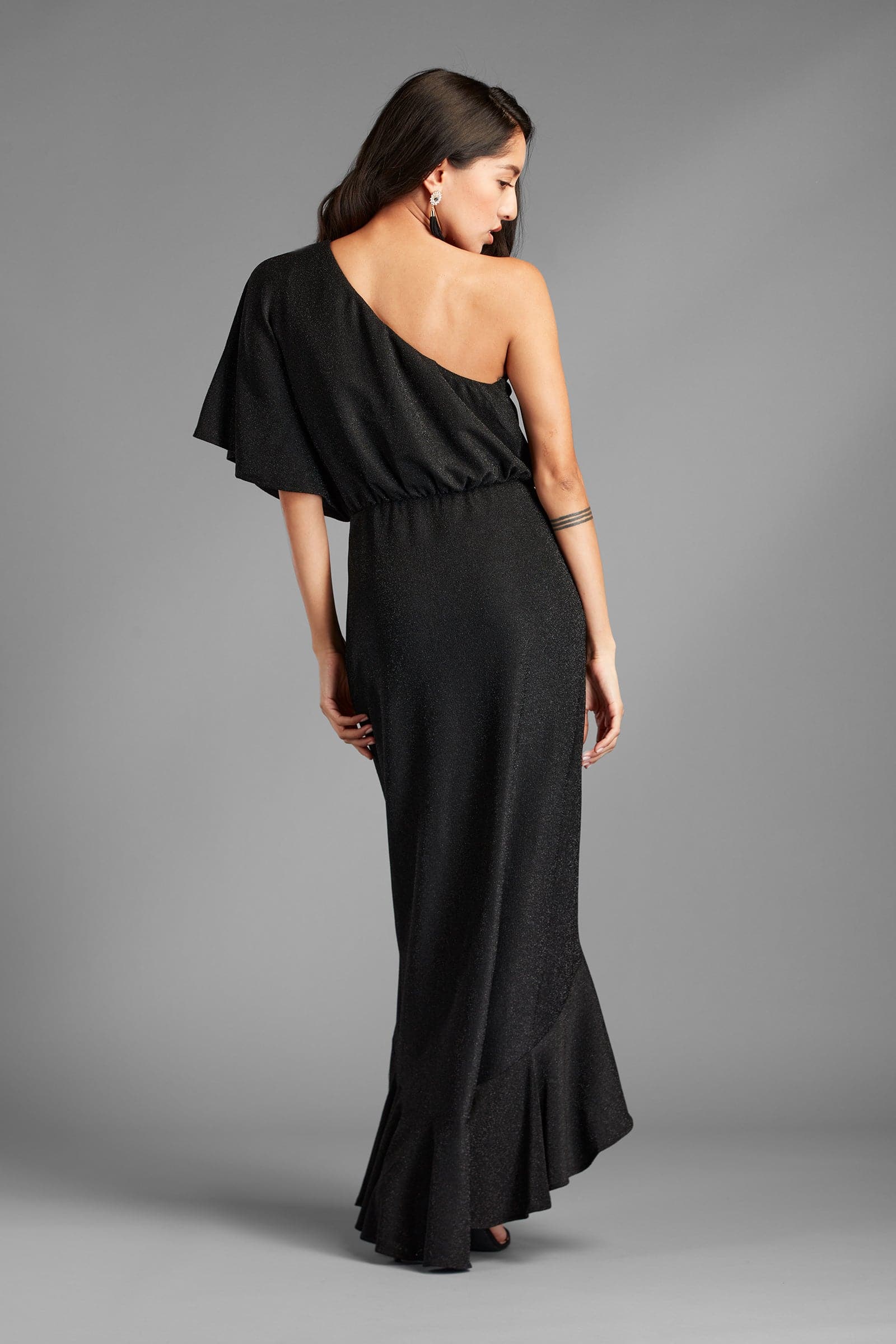 AVAH-Onyx Fire Lurex One Shoulder Long Black Dress