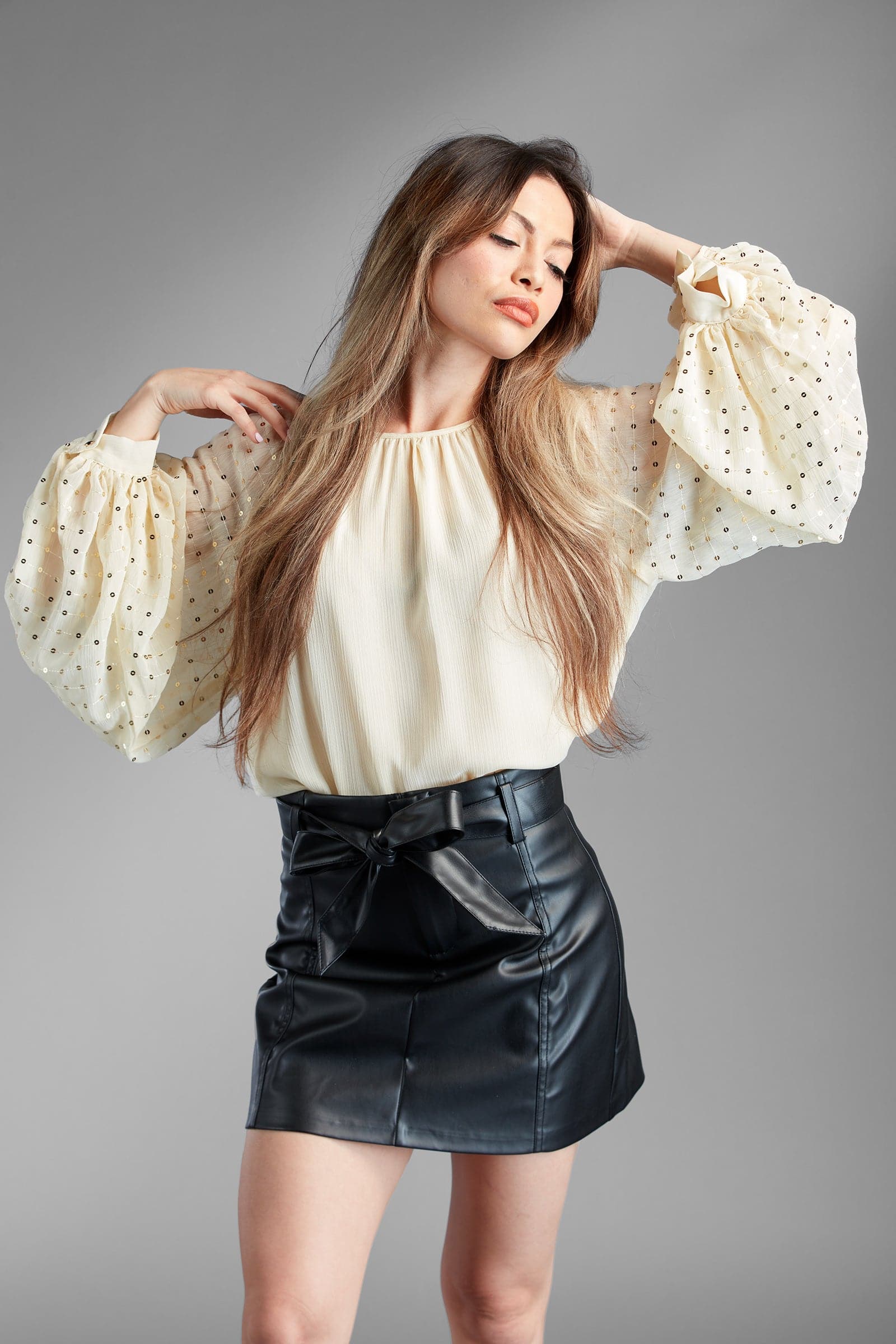 Sasha Beige Top with Gold Sequin Balloon Sleeve-AVAH