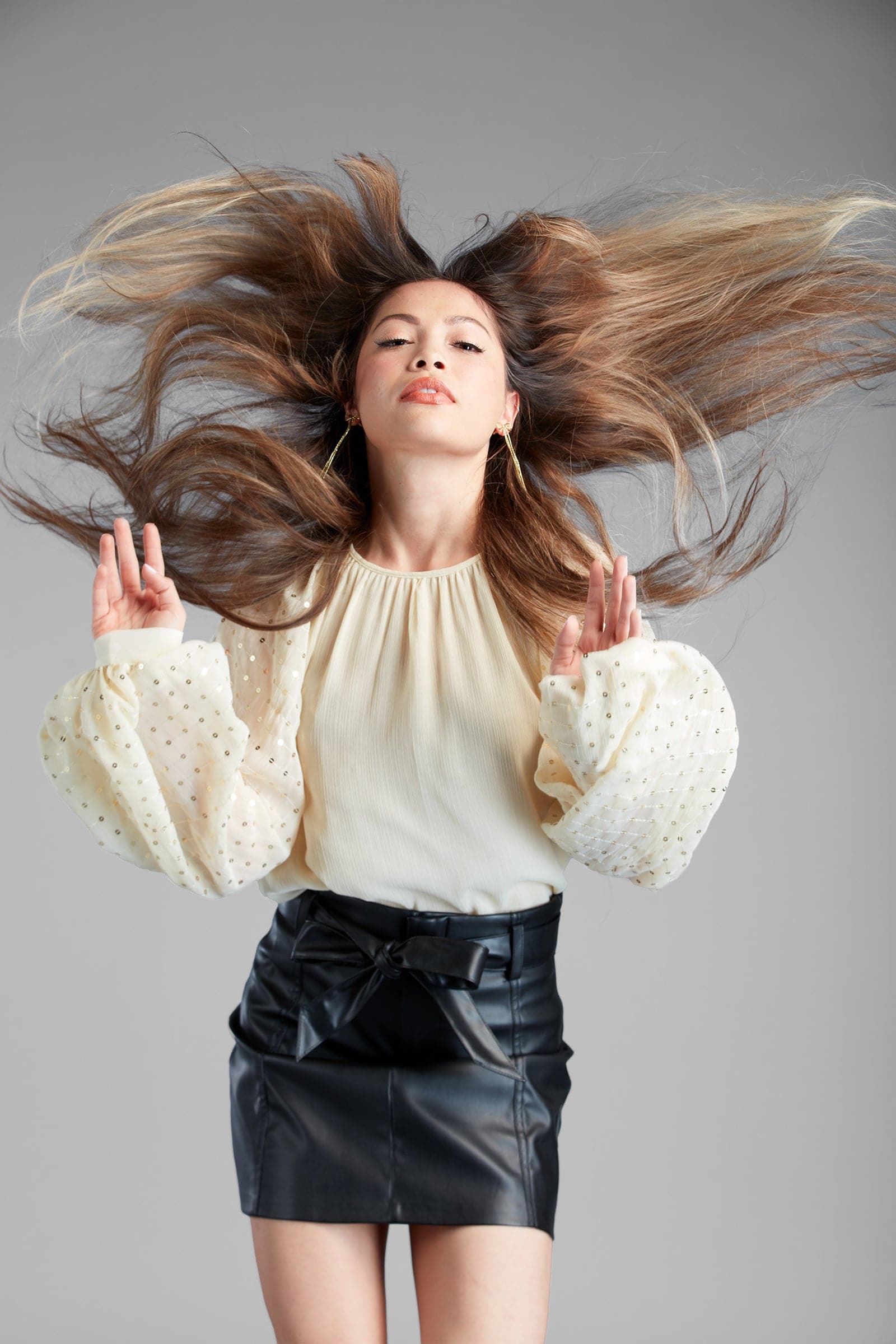 Sasha Beige Top with Gold Sequin Balloon Sleeve-AVAH