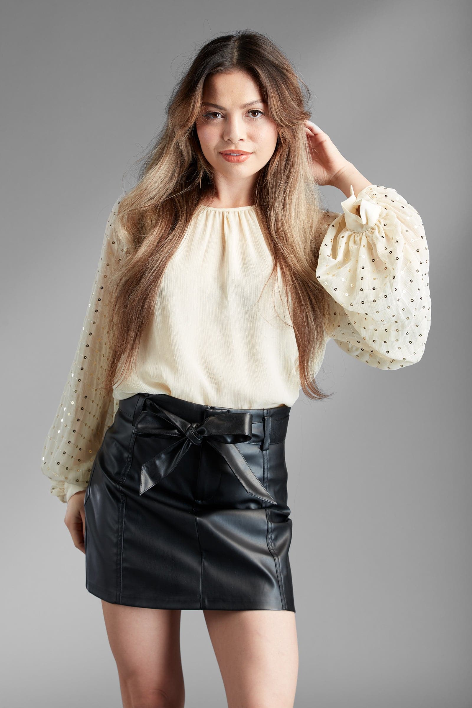 Sasha Beige Top with Gold Sequin Balloon Sleeve-AVAH