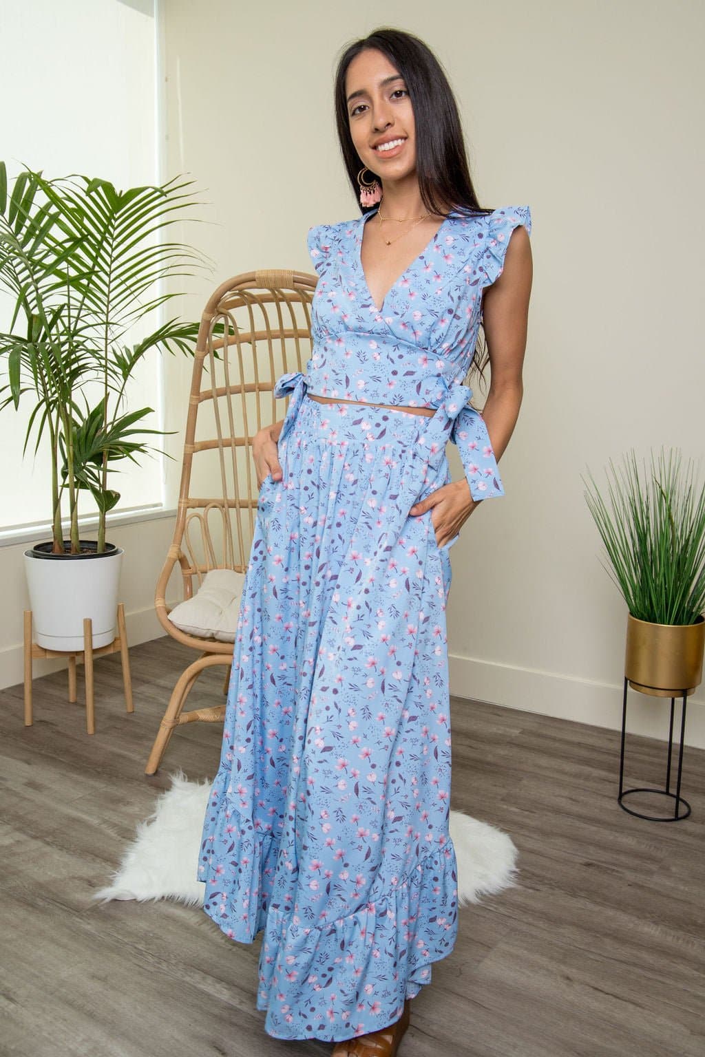 Cali Blue & Wild Rose Two-Piece Crop Top & Maxi Skirt - Avah Couture