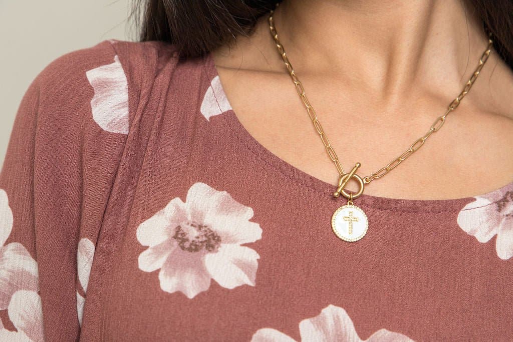 Cherish It Disc Charm And Rhinestone Cross Necklace - AVAH