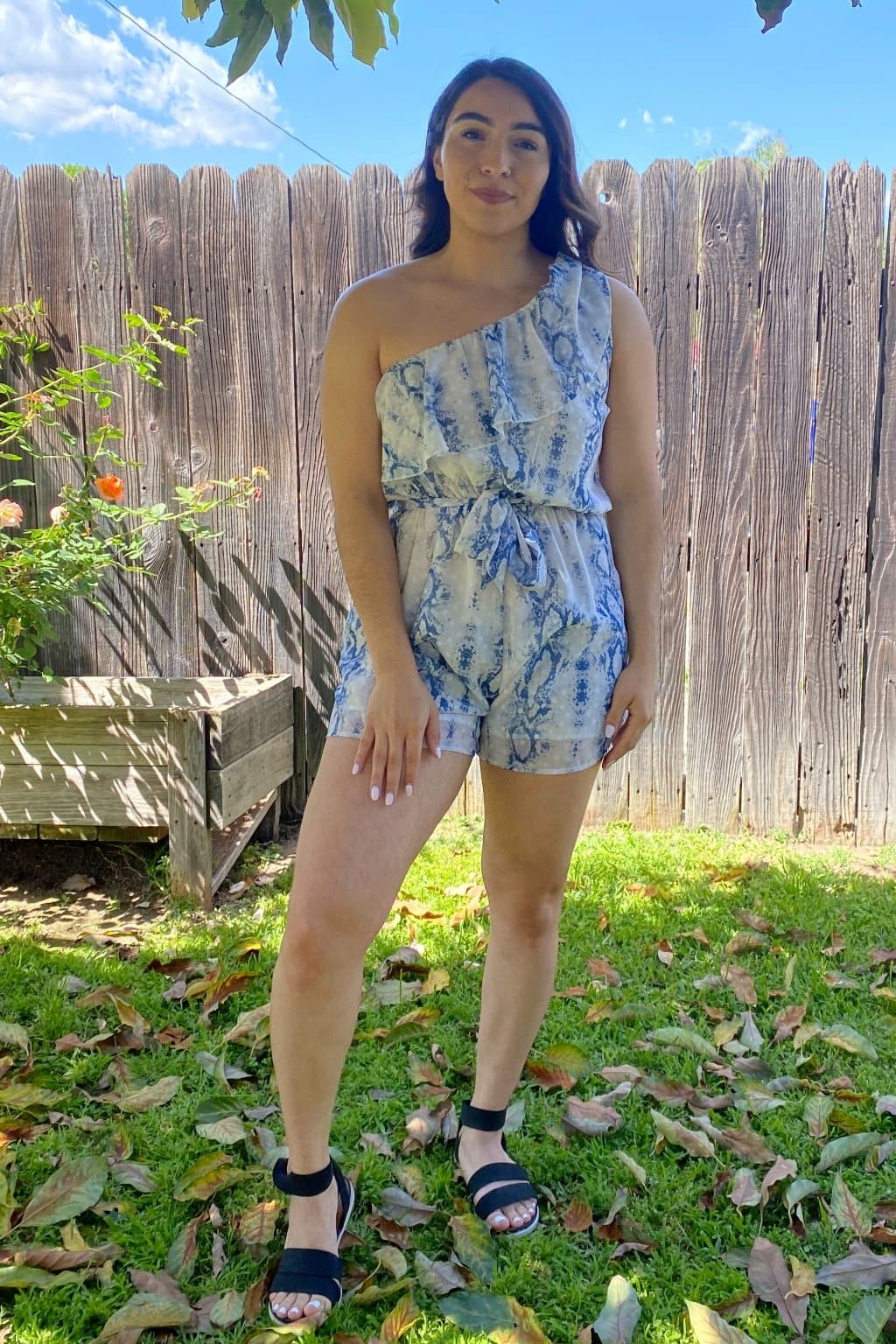 Desiree One Shoulder Snake Print Romper -Blue - Avah Couture