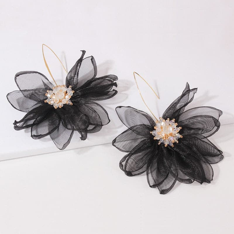 AVAH-Organza Flower Long Dangle Earrings-Black