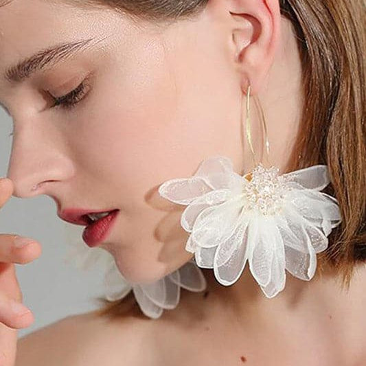 AVAH-Organza Flower Long Dangle Earrings-White