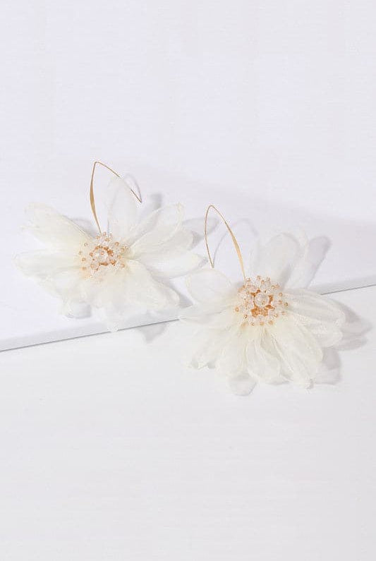 AVAH-Organza Flower Long Dangle Earrings-White