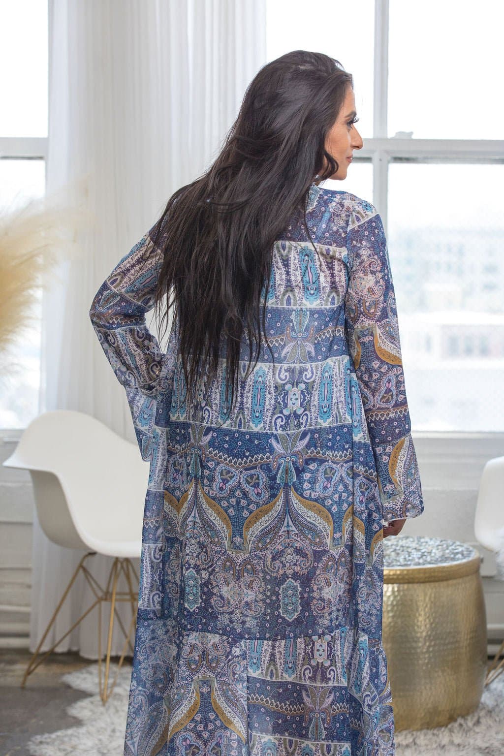 Maxine Bohemian Long Sleeve Blue Cover Up - AVAH