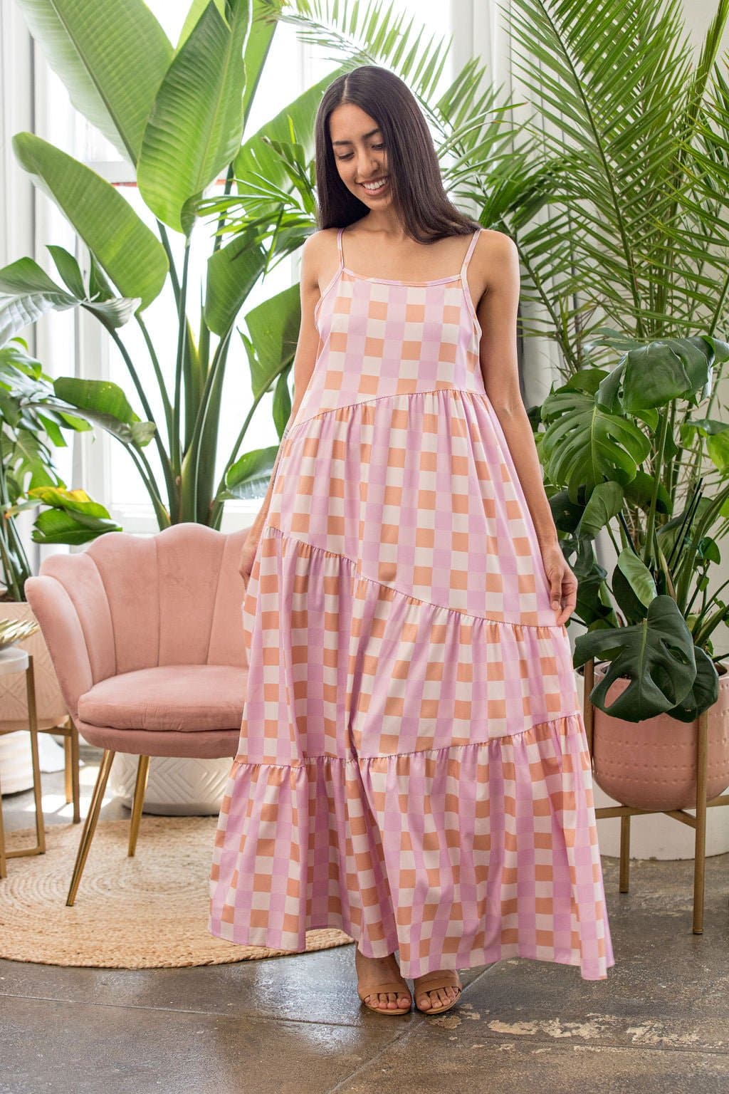 Nina's Dreamy Gingham Maxi Dress - Pink - AVAH