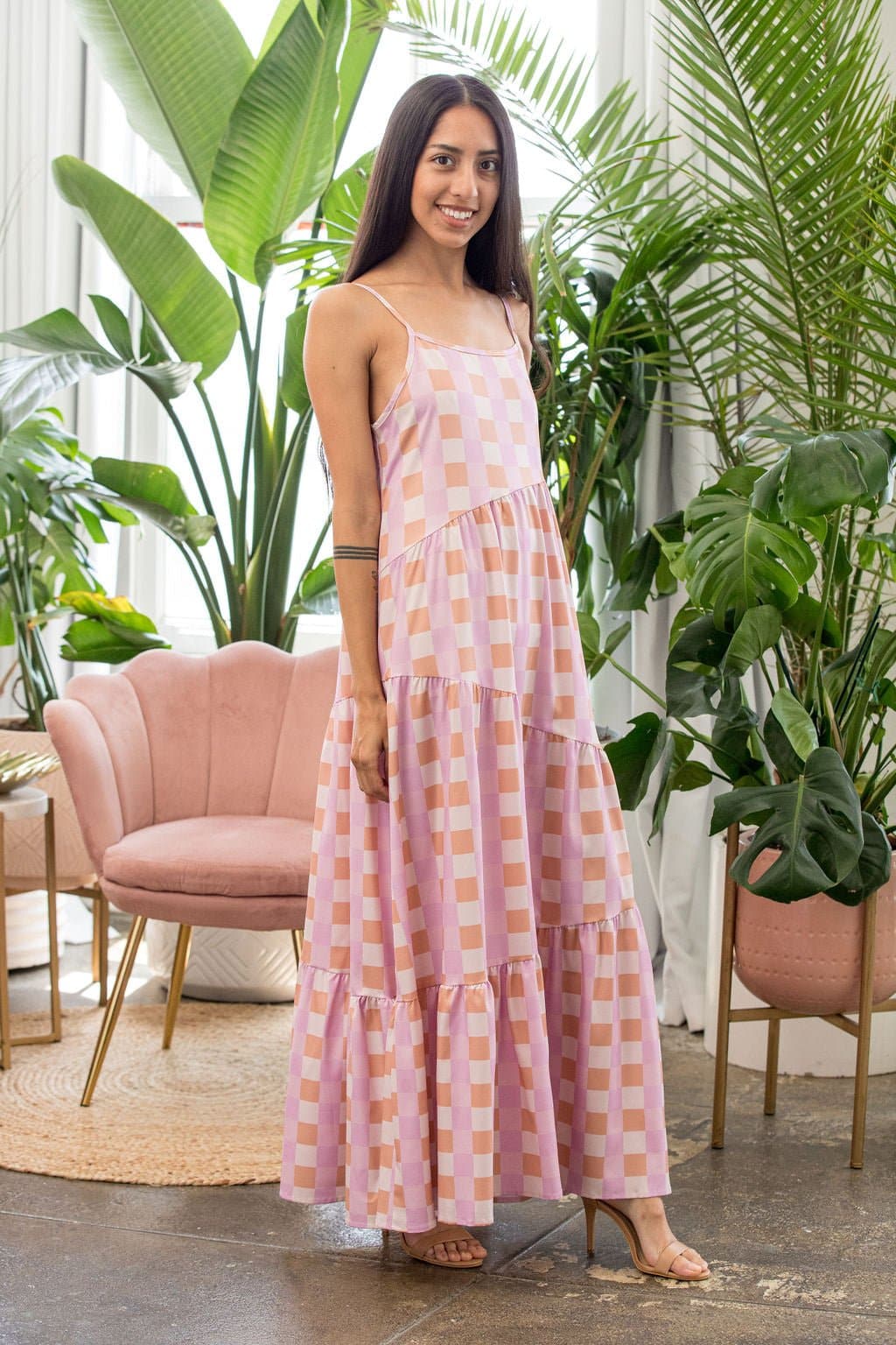 Nina's Dreamy Gingham Maxi Dress - Pink - AVAH