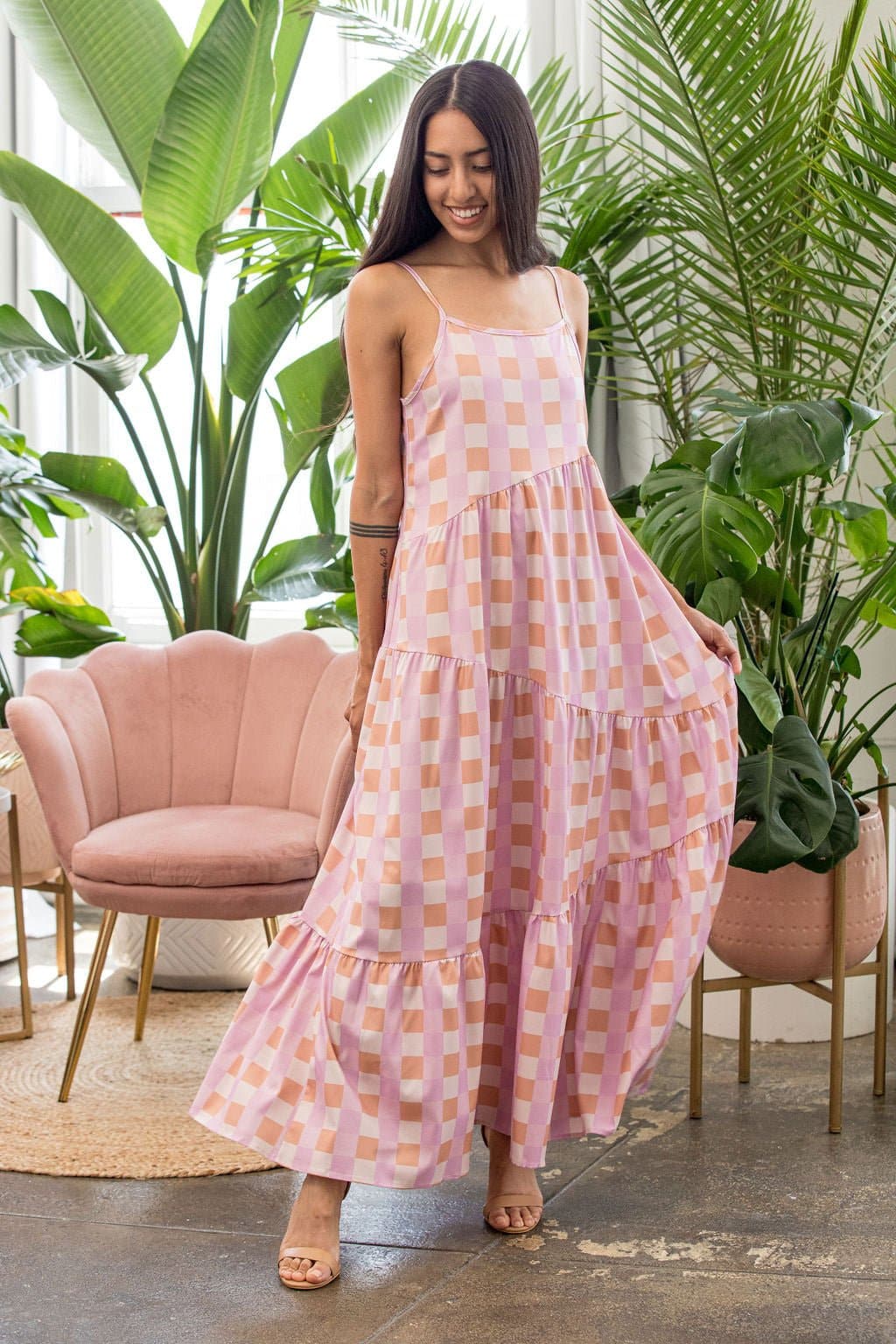 Nina's Dreamy Gingham Maxi Dress - Pink - AVAH