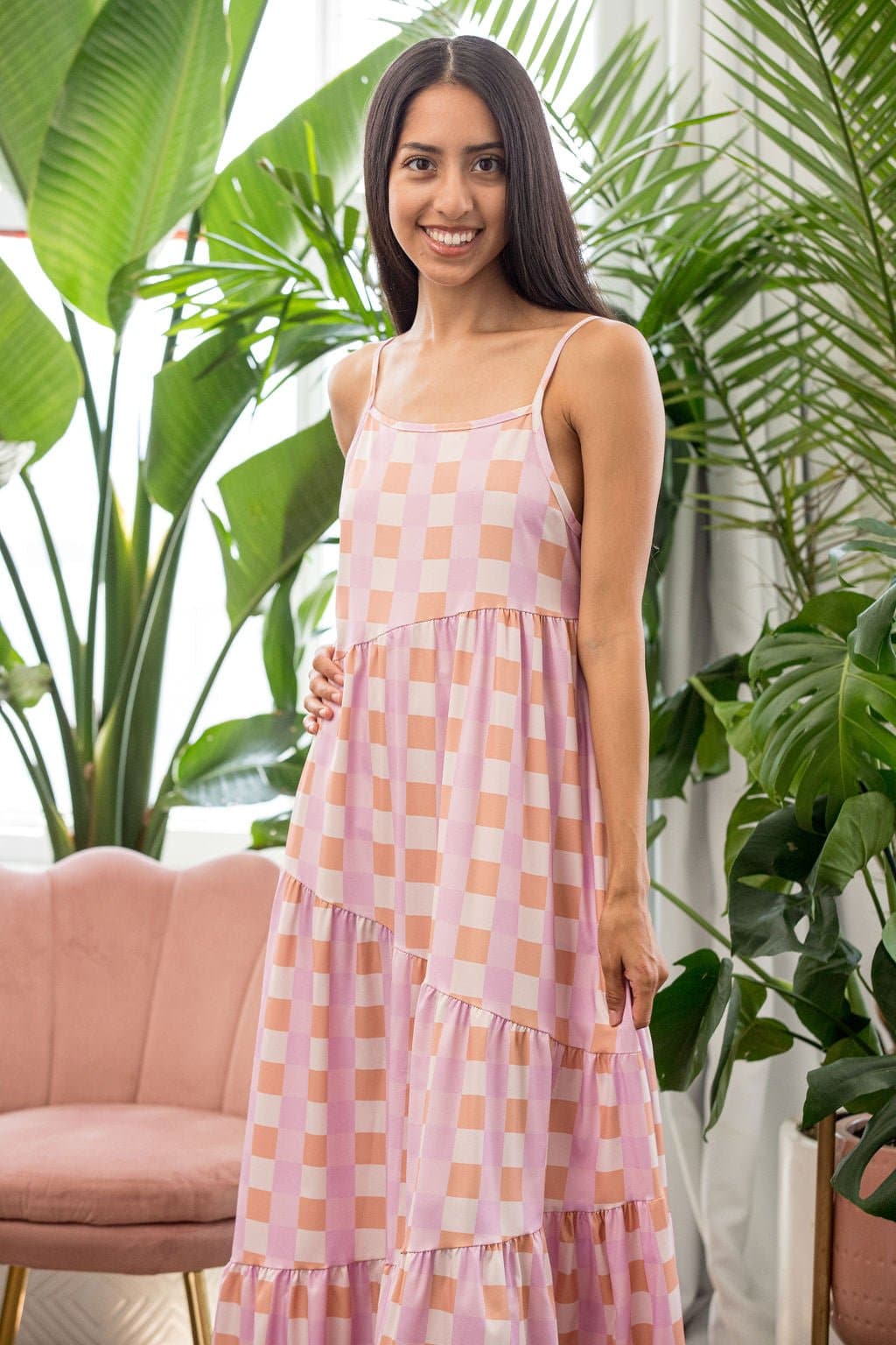 Nina's Dreamy Gingham Maxi Dress - Pink - AVAH
