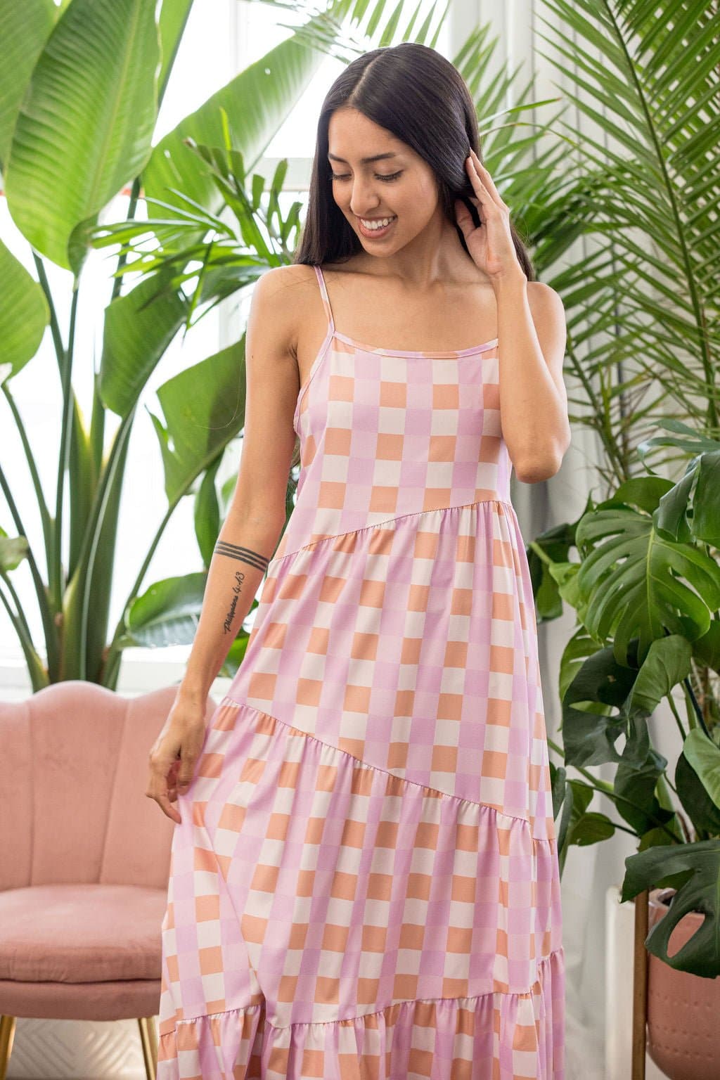 Nina's Dreamy Gingham Maxi Dress - Pink - AVAH