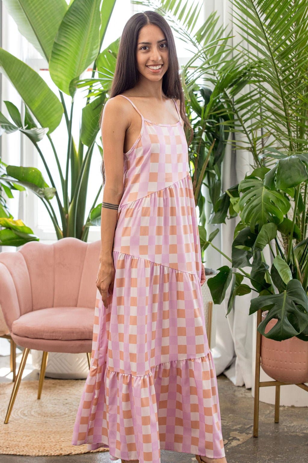 Nina's Dreamy Gingham Maxi Dress - Pink - AVAH