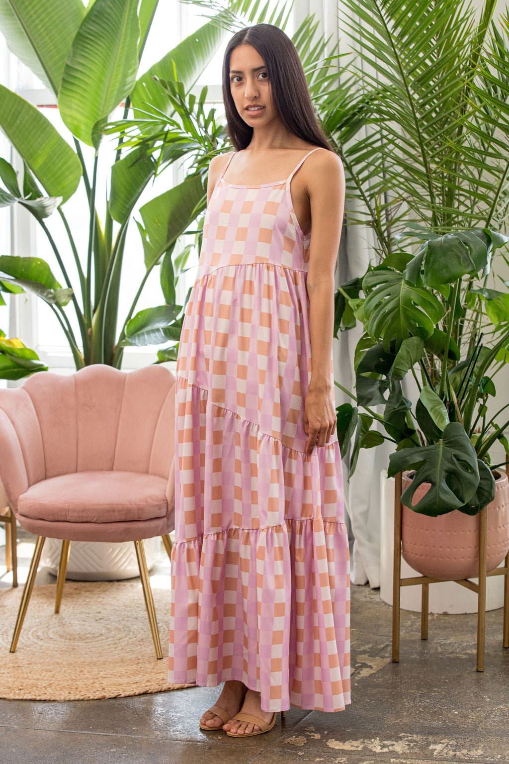 Nina's Dreamy Gingham Maxi Dress - Pink - AVAH