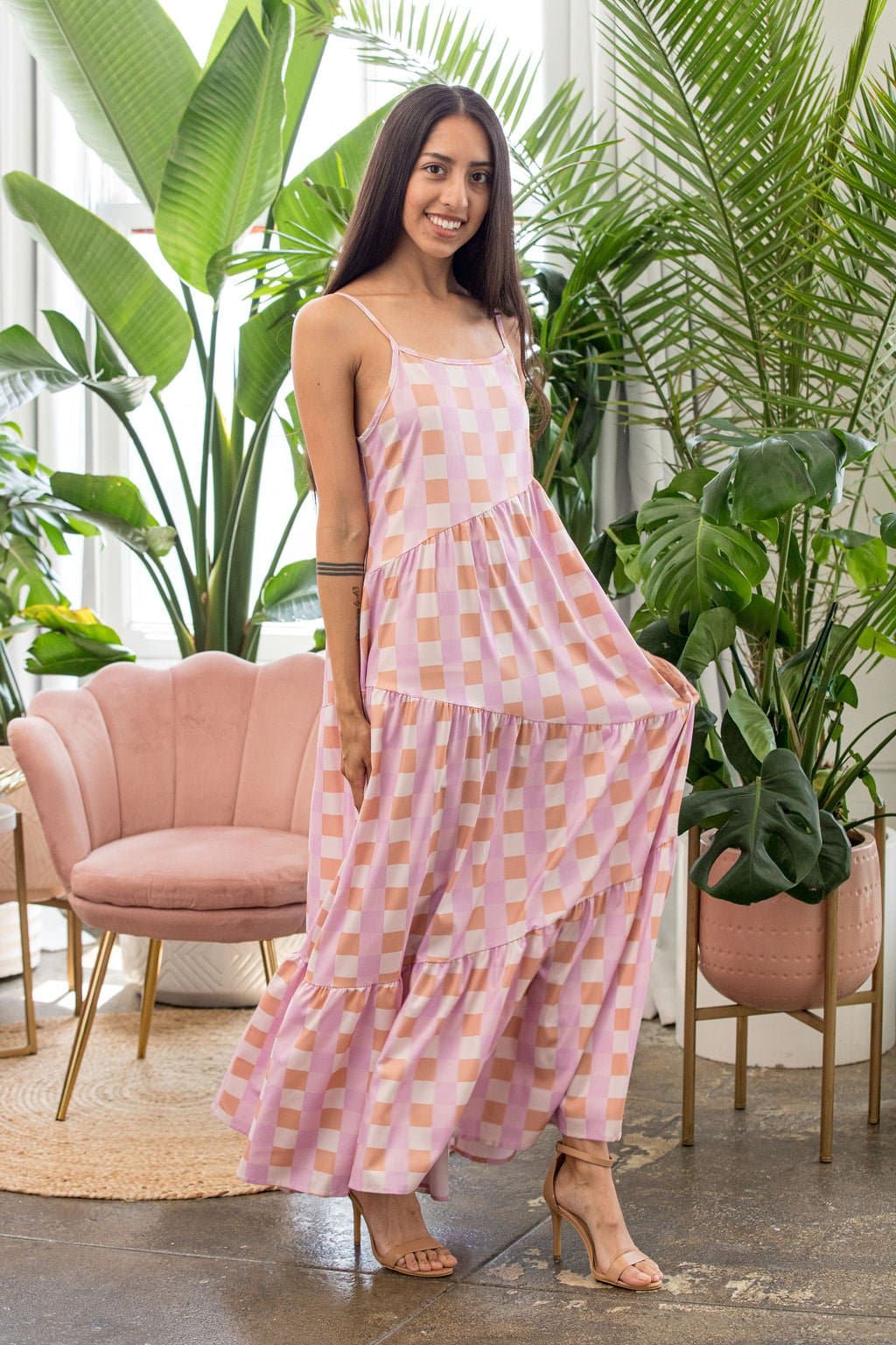 Nina's Dreamy Gingham Maxi Dress - Pink - AVAH