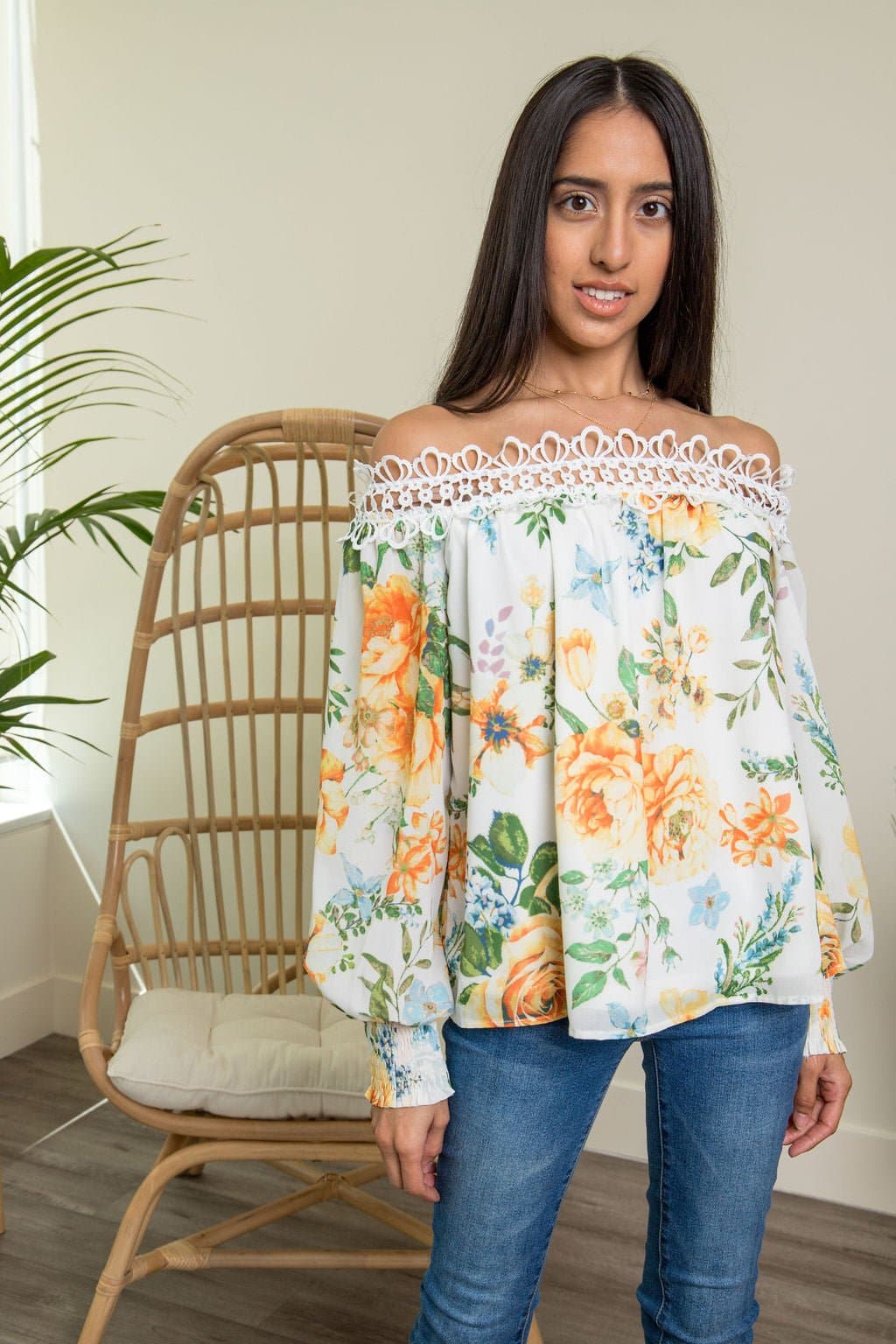 Sunny Side Off Shoulder Floral Blouse - White - AVAH