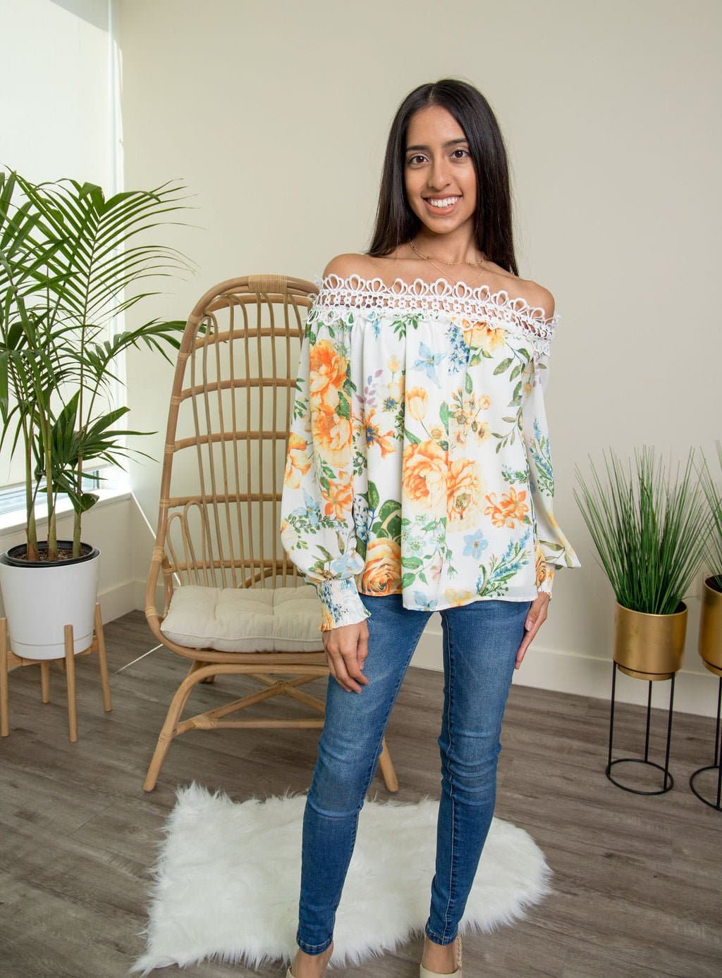 Sunny Side Off Shoulder Floral Blouse - White - AVAH