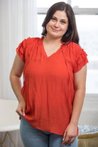 Sweet & Spicy Ruffled Drawstring V-Neck Top - Saffron - AVAH