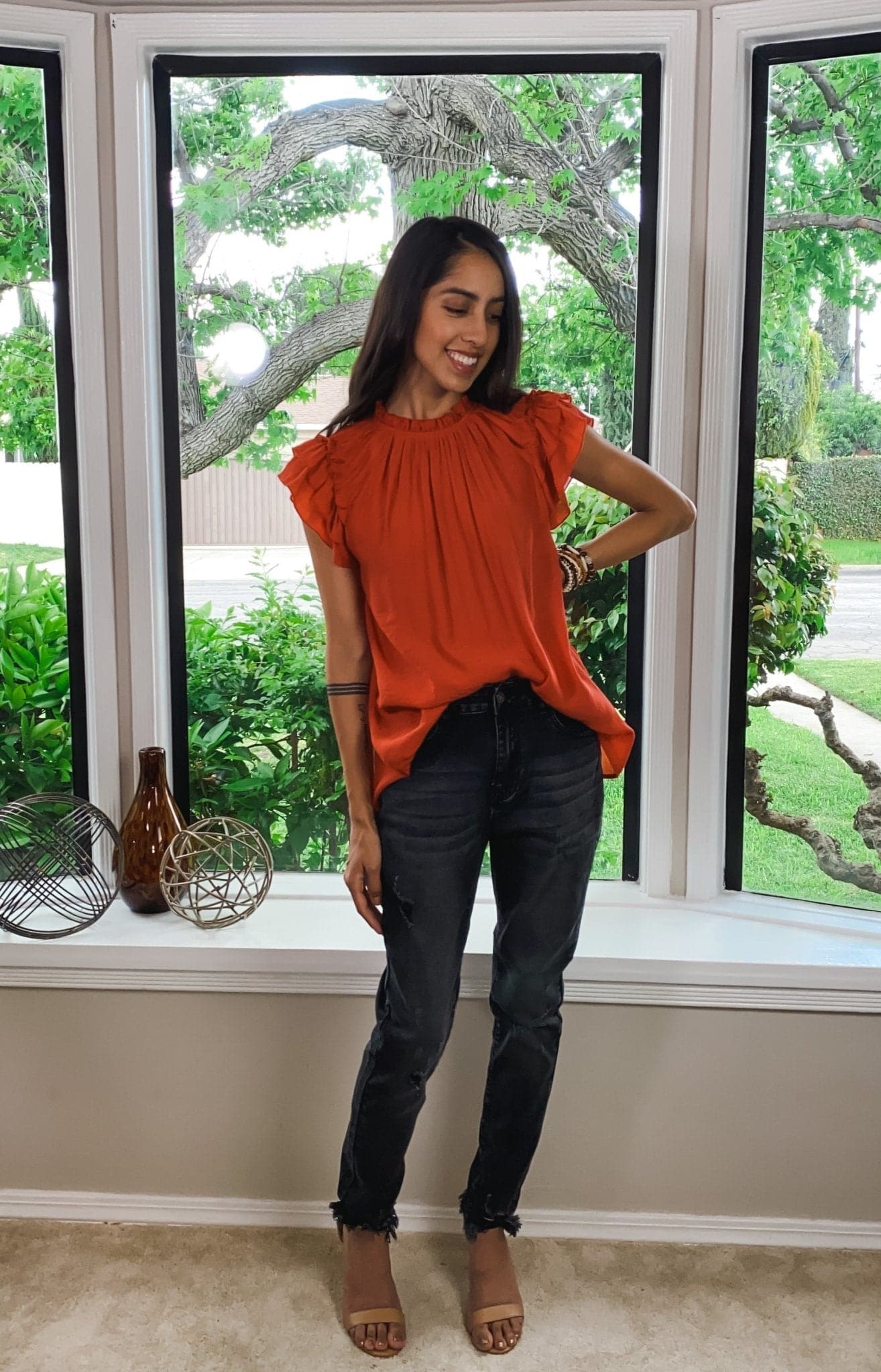 Sweet & Spicy Ruffled Drawstring V-Neck Top - Saffron - AVAH