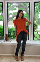 Sweet & Spicy Ruffled Drawstring V-Neck Top - Saffron - AVAH