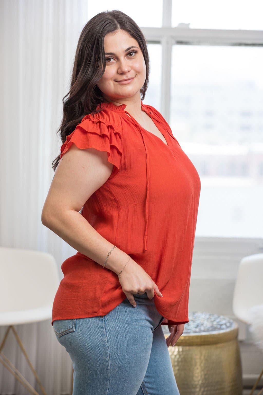 Sweet & Spicy Ruffled Drawstring V-Neck Top - Saffron - AVAH