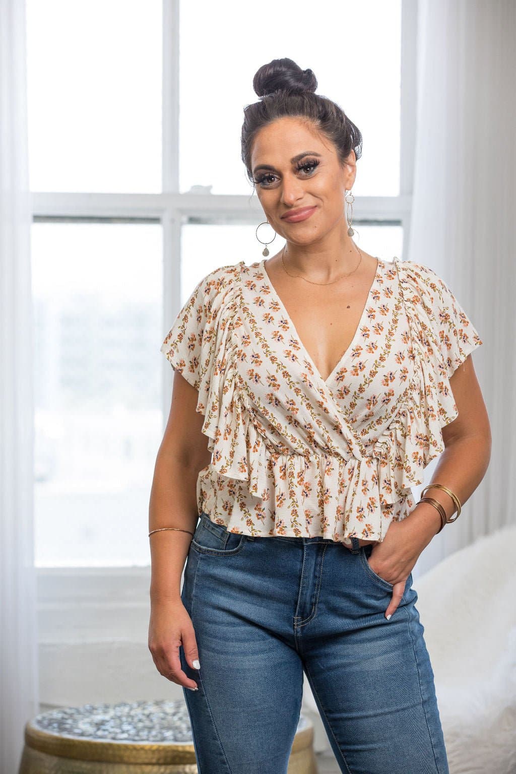 Venice Floral Print Ruffle Butterfly Sleeve Top - AVAH