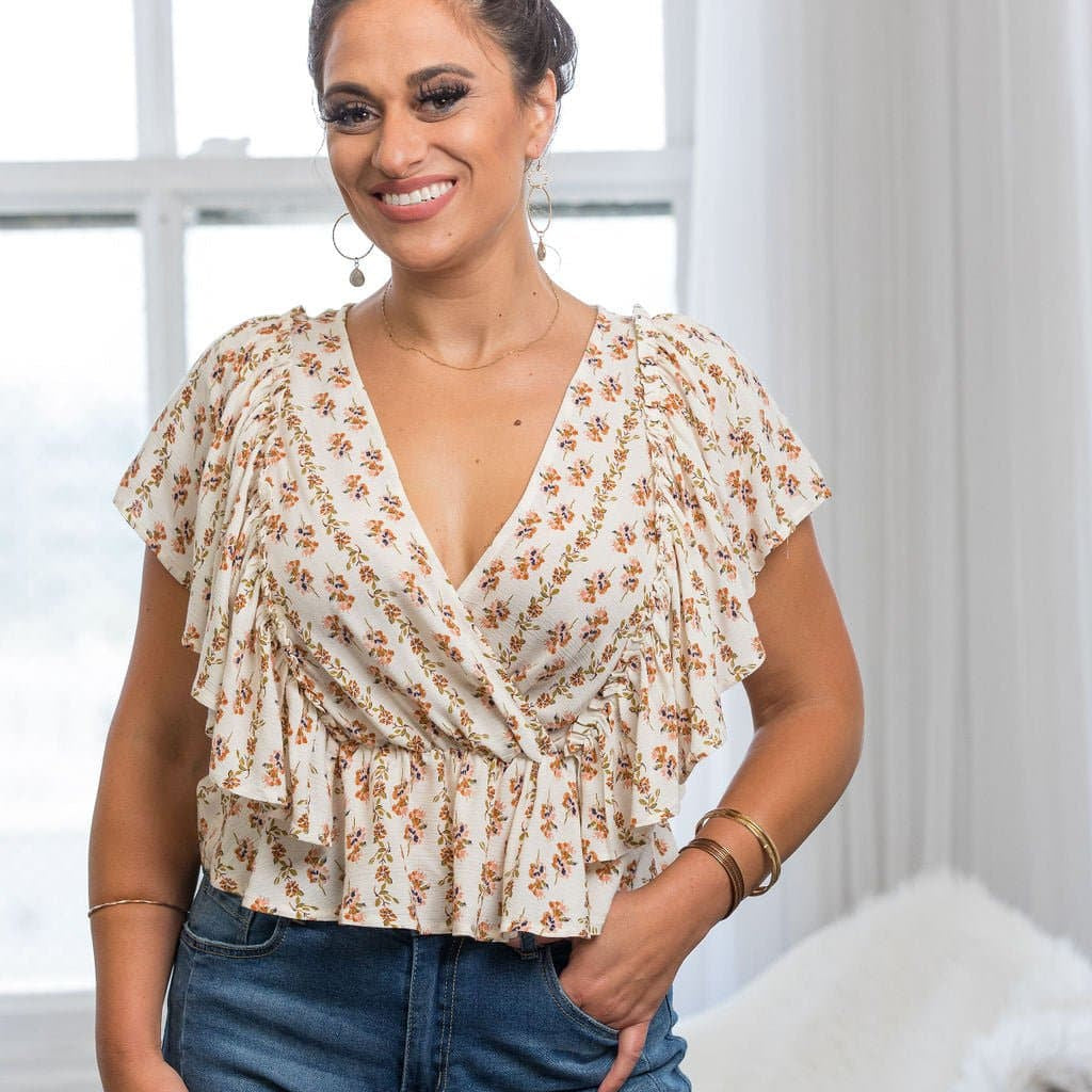 Venice Floral Print Ruffle Butterfly Sleeve Top - AVAH