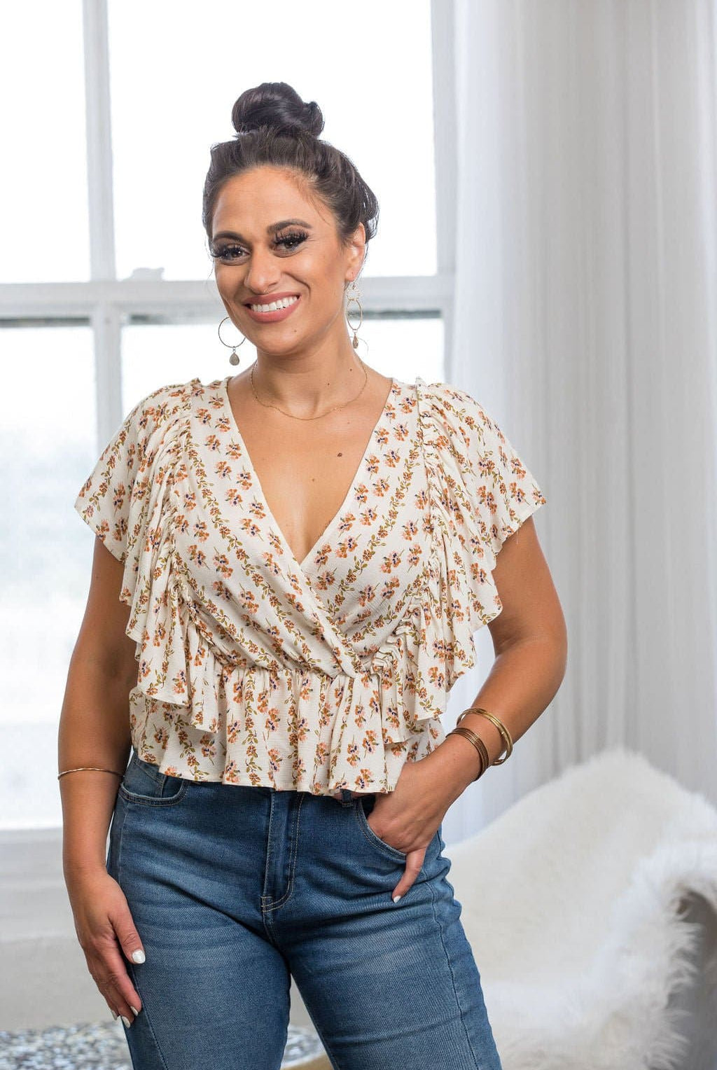 Venice Floral Print Ruffle Butterfly Sleeve Top - AVAH