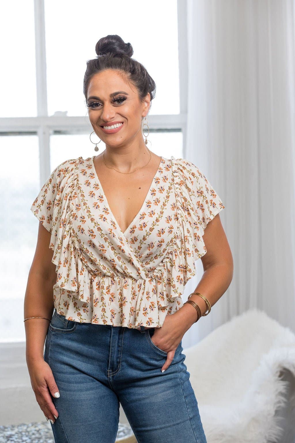 Venice Floral Print Ruffle Butterfly Sleeve Top - AVAH