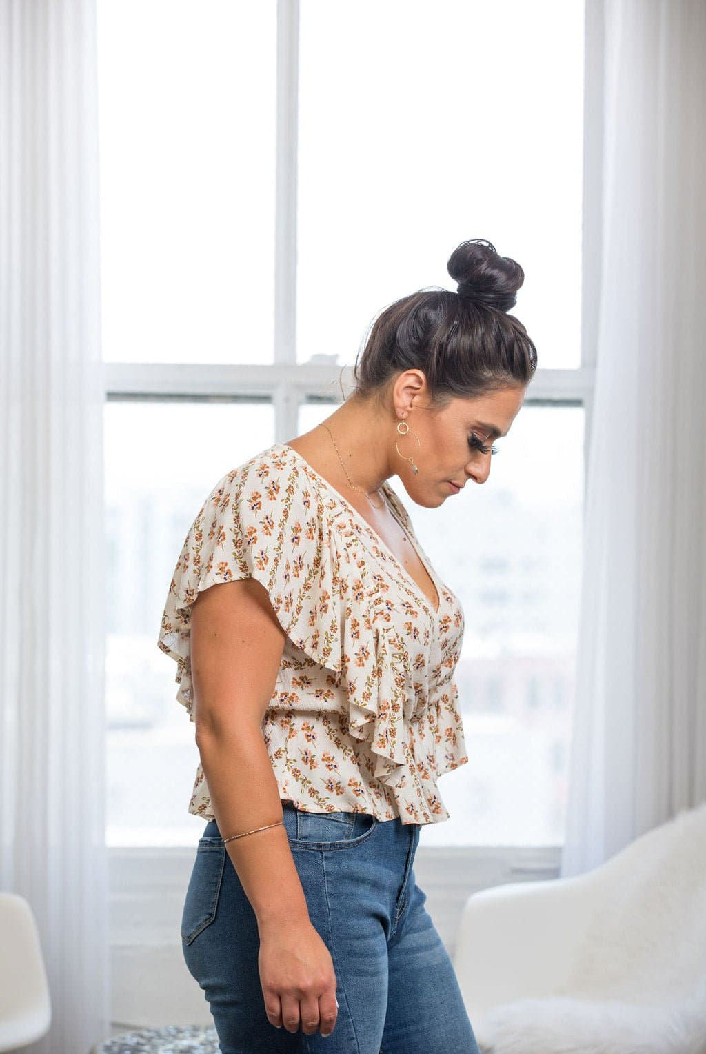 Venice Floral Print Ruffle Butterfly Sleeve Top - AVAH