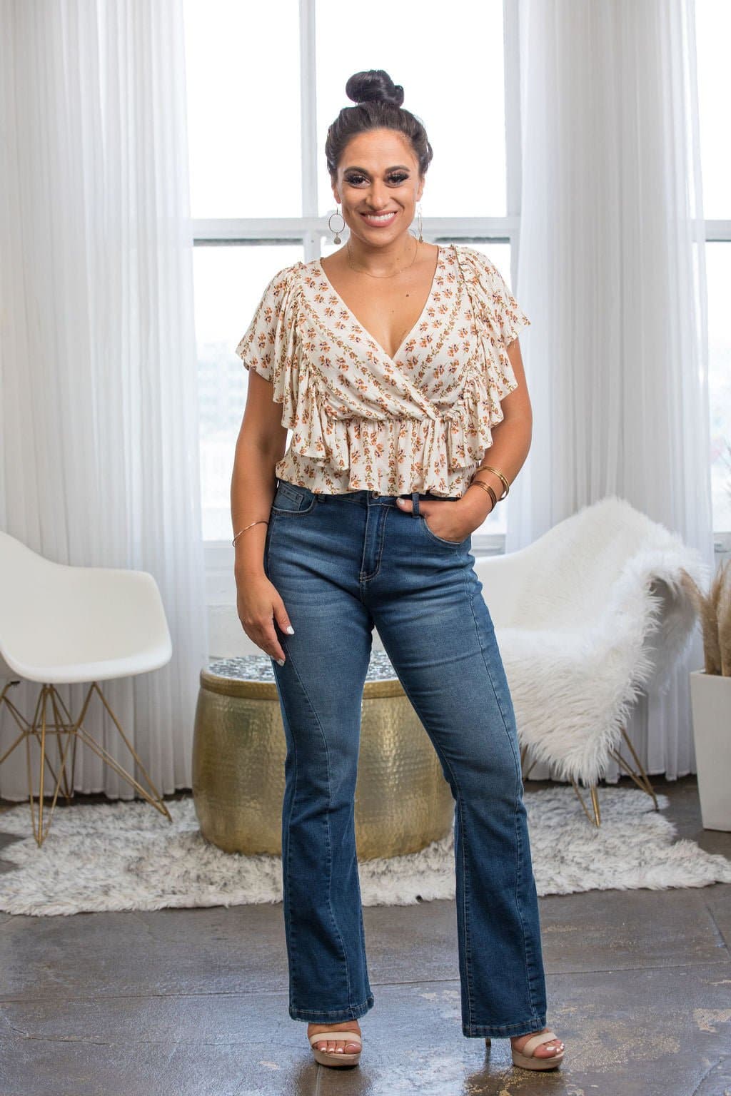 Venice Floral Print Ruffle Butterfly Sleeve Top - AVAH