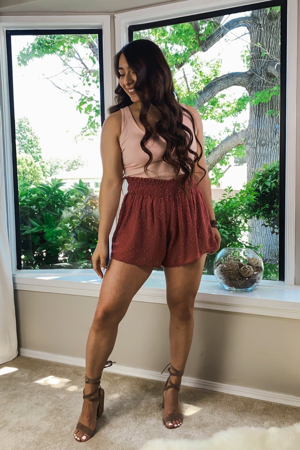 Vintage Rose Textured Smocked Waist Shorts - AVAH