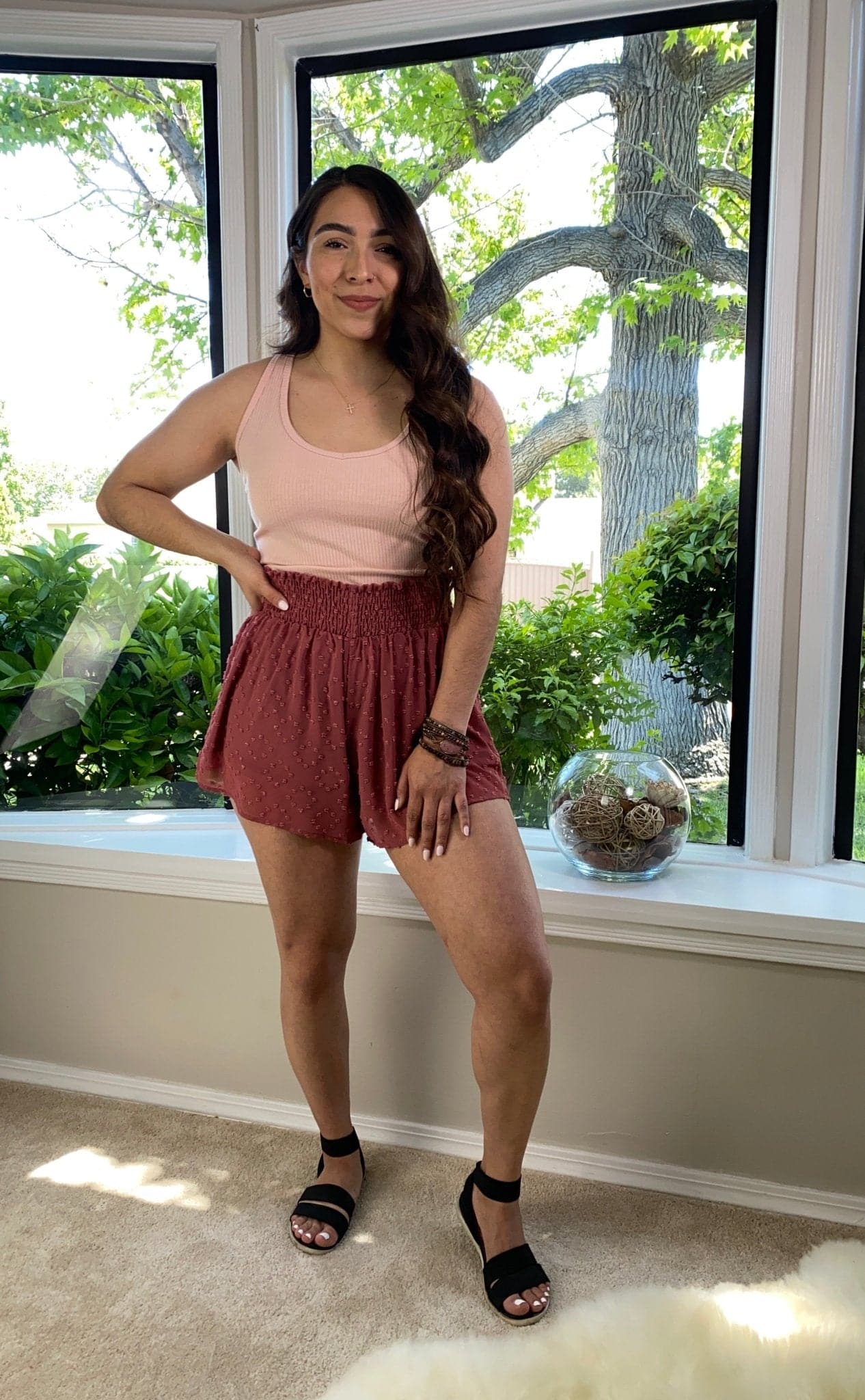 Vintage Rose Textured Smocked Waist Shorts - AVAH